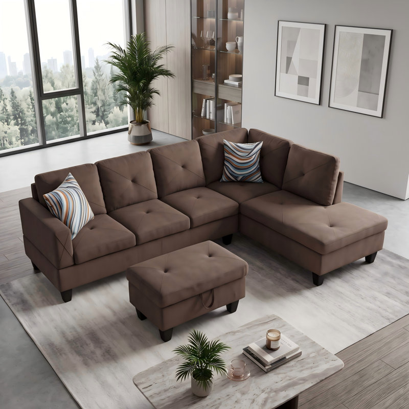 Canapé modulaire rembourré réversible avec repose-pieds, Brown Linen, Orienté à droite