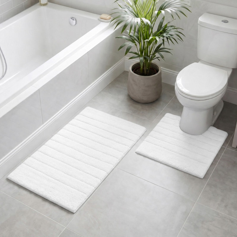 Linear Ribbed Two Piece Bath Mat Set, White