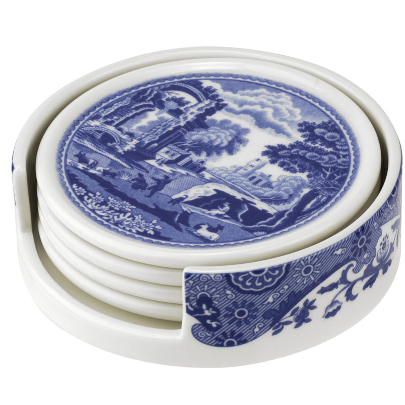 Blue Italian Ceramic Coaster Set with Holder