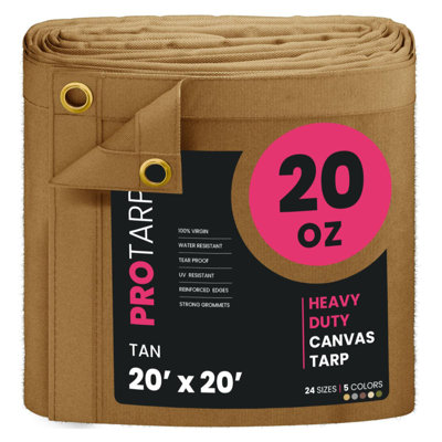 PROTARP Extreme Heavy Duty 20 OZ Water Resistant Canvas Tarp, UV Resistant Tarpaulin Cover with Rustproof Brass Grommets, Multipurpose for Canopy, Roof, Camping, Woodpile . (Tan)