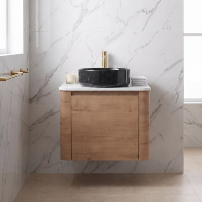 24" Small Floating Bathroom Vanity Set with Black Marble Pattern Vessel Sink in Imitative Oak