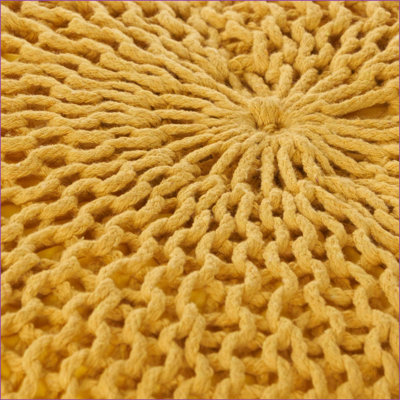 Ottoman Round Pouf for Living Room Bedroom | Mustard Yellow | Knitted Cotton