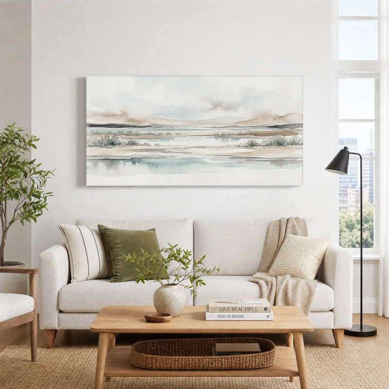 Paysage aquarelle aux tons doux avec buissons de sauge, tableau sur toile, 58“W x 28”H