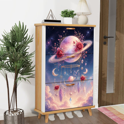 Shoe Storage Cabinet with 3 Flip Drawers for Whimsical Planet Roses Feathers Dreamy Celestial Details Shoe Rack Storage Organizer