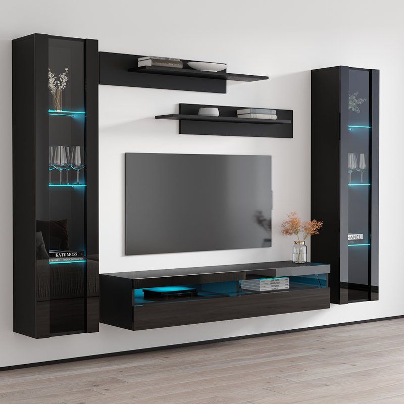 100" Modern Floating Wall Mounted Entertainment Center with 16-Color LED Lighting, High Gloss Finish, Black