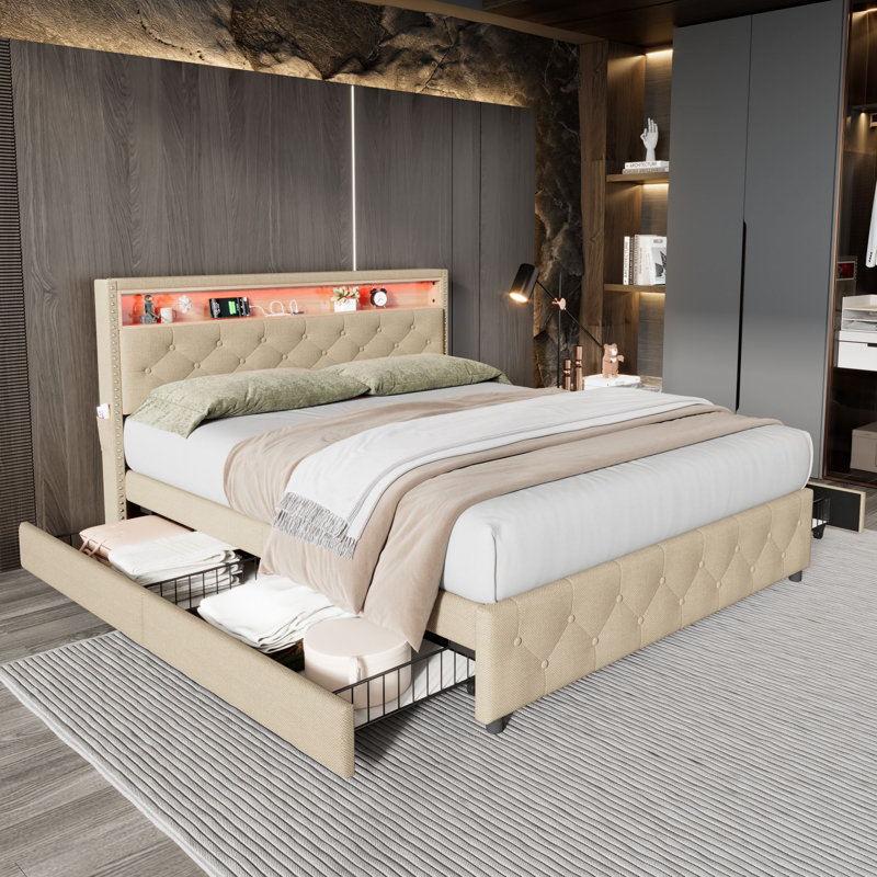 5Ft Led Upholstered Bed With 4 Drawers, Kingsize (5')