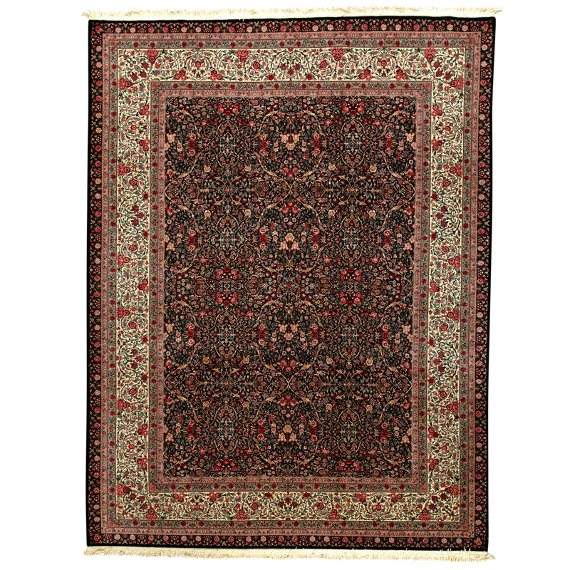 Tapis noir et ivoire de haute qualité noué à la main
