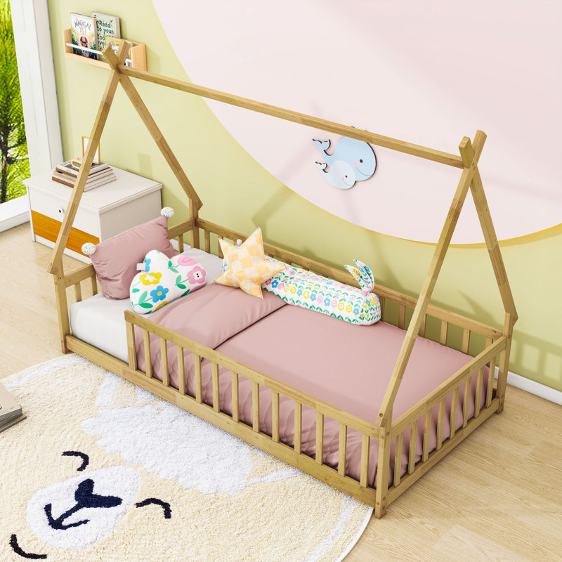 Twin Tent-Shaped Floor Bed With Guardrails, Natural