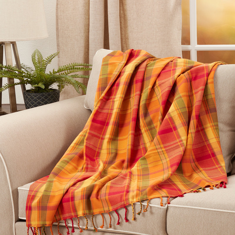 Terracotta Harvest Plaid Cotton Throw Blanket with Tassels