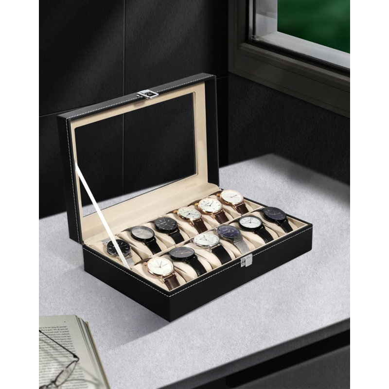 Leather Watch Box +, Black/Beige, 8cm x 30cm x 20cm