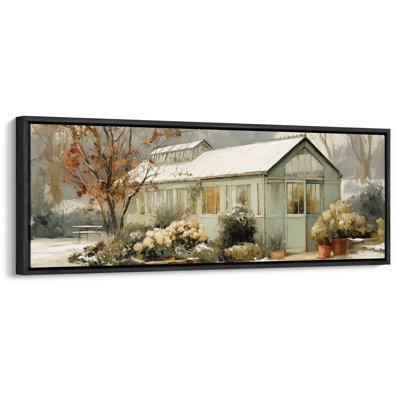 Extra Large Snowy Garden Greenhouse Winter Landscape Framed Canvas Print Wall Art