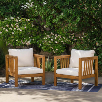 Set of 2 Outdoor Acacia Wood Club Chairs with Modern Square Arms, 2-Piece Patio Conversation Set with Thick Cushions, Adjustable Leveling Feet for Poolside, Backyard & Deck