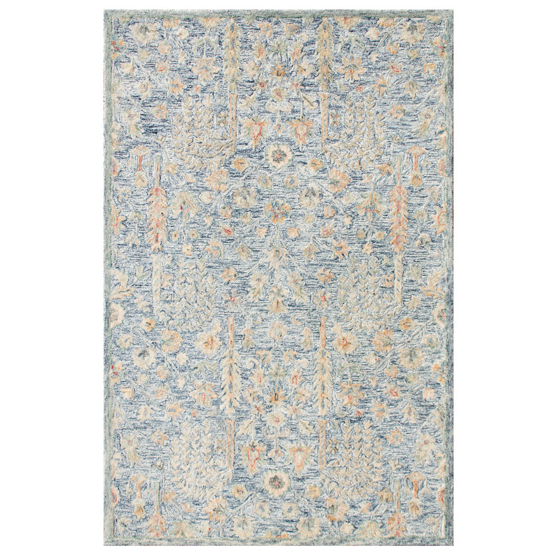 Tapis d'intérieur bleu en laine naturelle faite à la main, Rectangle 9 pi x 12 pi