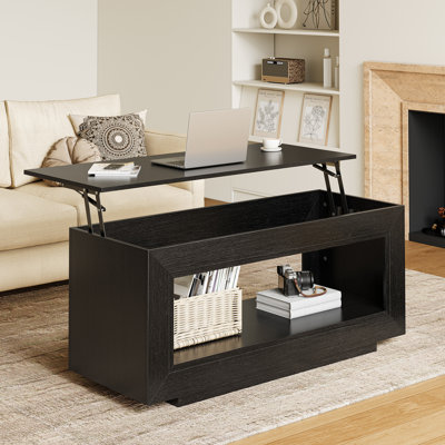 Lift Top Rectangular Wood Coffee Table with Dual-Layer Storage for Living Room