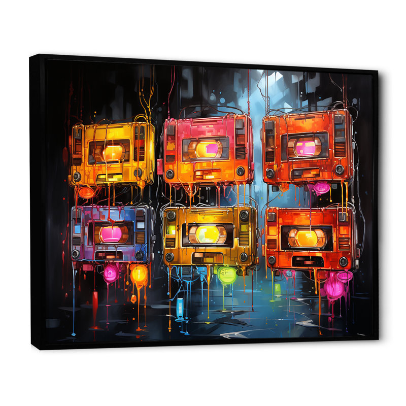Neon Groove Cassette Tapes I - Cassette Tapes Wall Art, Cadre flottant noir, H 30 po x l 40 po x P 1,5 po