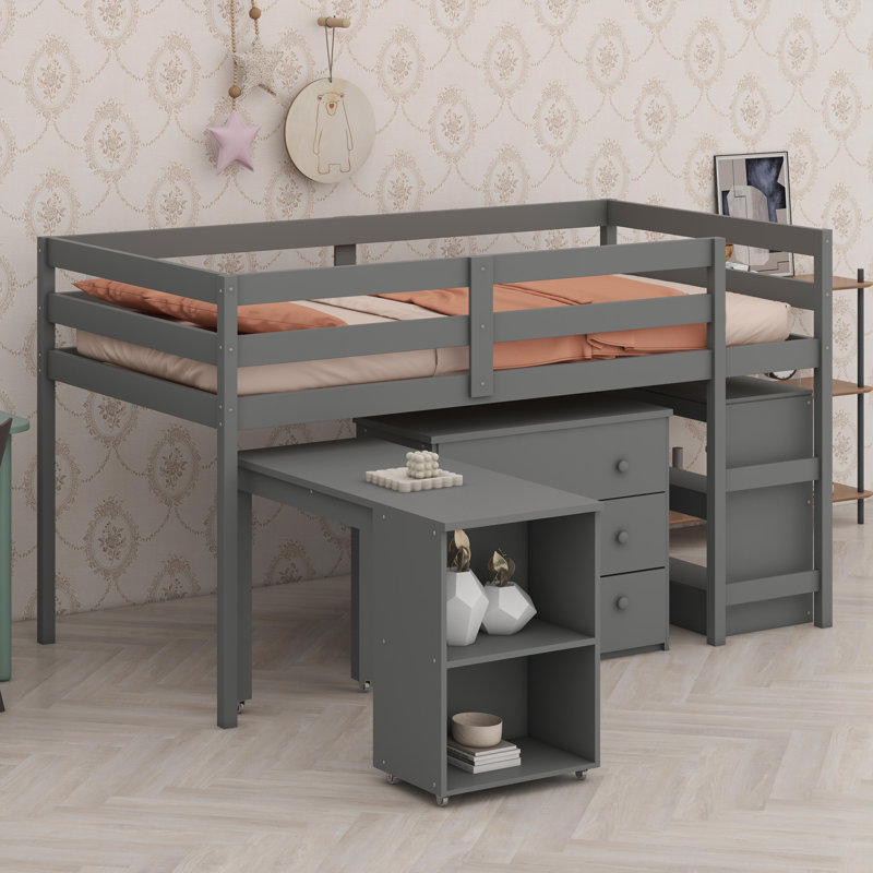 Lit mezzanine avec armoire et portable, Gris
