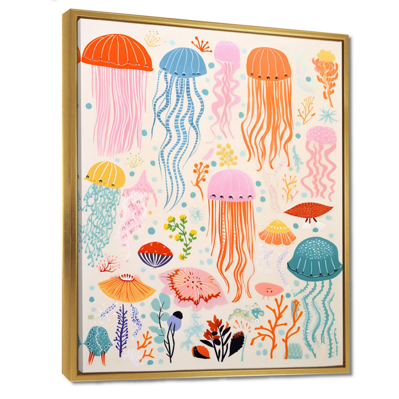 Adorable méduse rétro Illustration - art mural méduse salon, Cadre flottant doré, H 32 po x l 24 po x P 1 po
