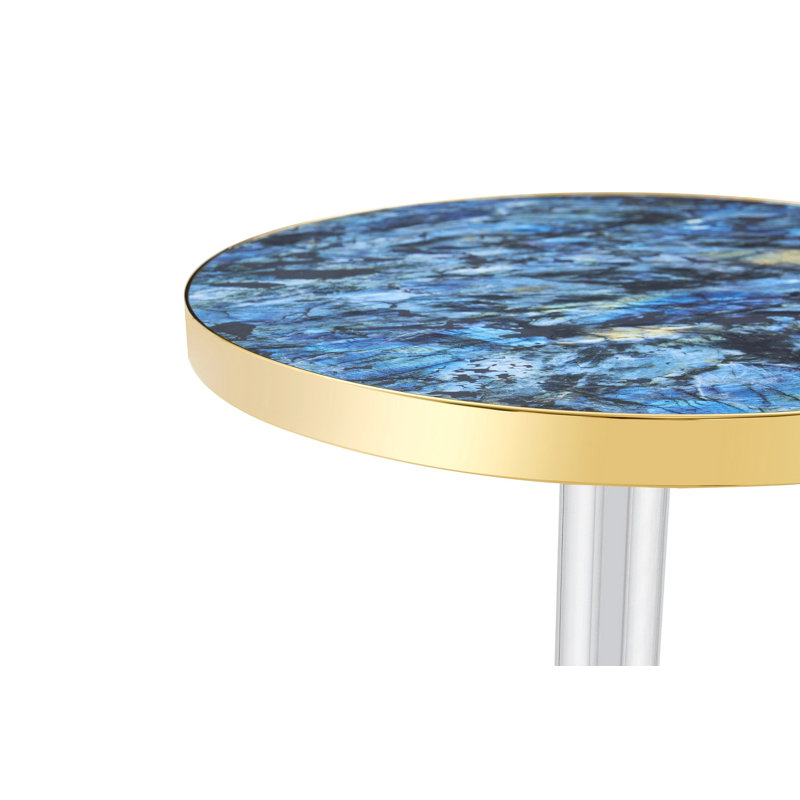 Panneau de fibres à densité moyenne rond de 23,6 po recouvert d'un comptoir de peinture UV, texture marbre, bordure en acier inoxydable, pieds de table en métal, table basse moderne et luxueuse.