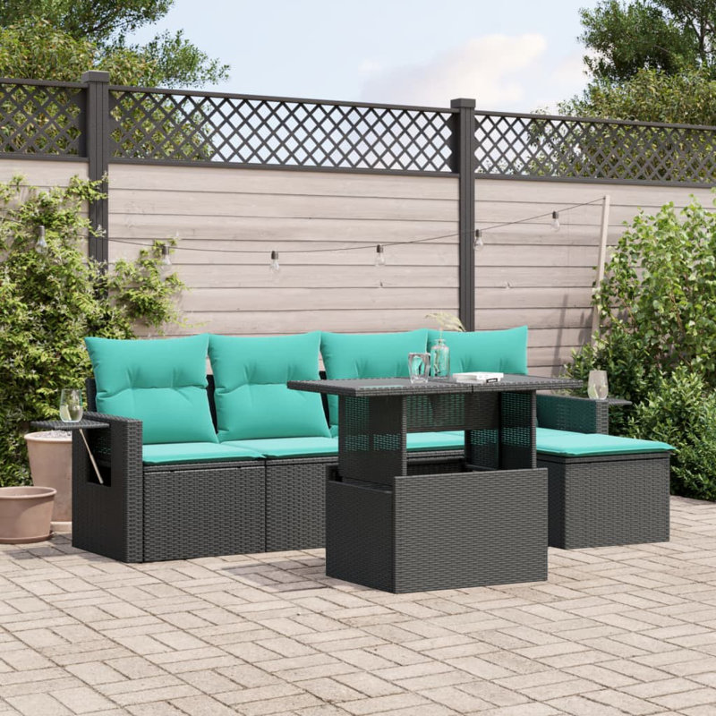 Ensemble de canapés de jardin 6 pièces avec coussins d'extérieur en rotin poly noir contemporain