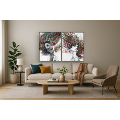 Vivid Muse: Dual Color Splash Portraits Canvas Wall Art - Black Frame
