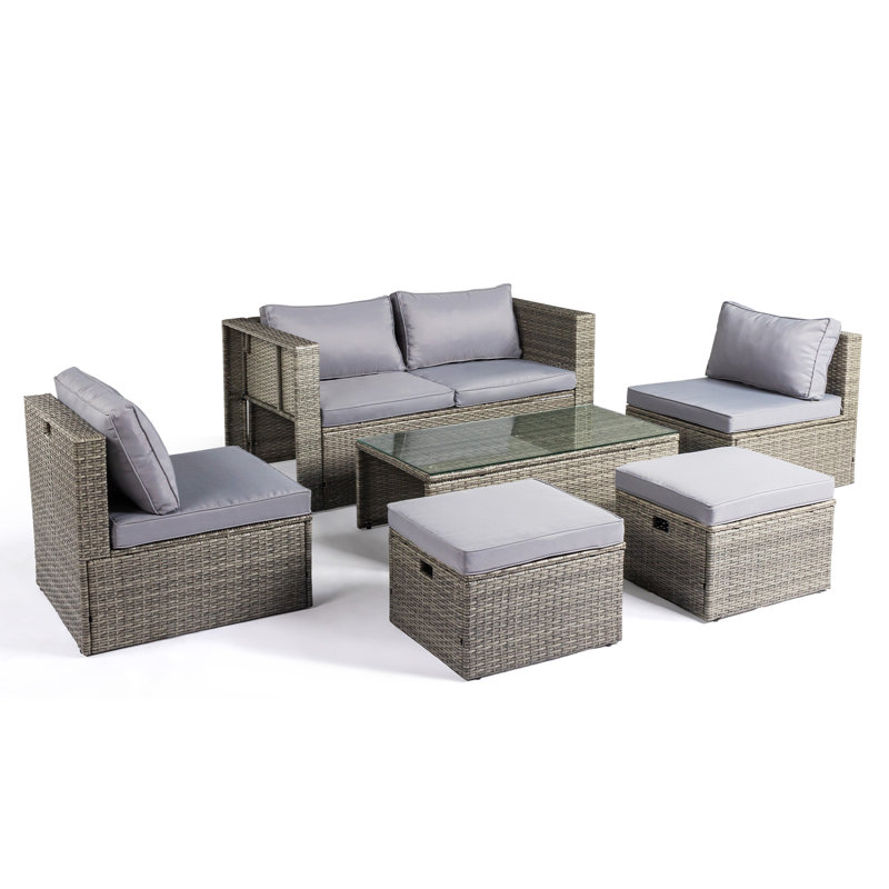 Patio 6-Piece Grey Wicker Conversation Set With Grey Cushions, Gray, Gray