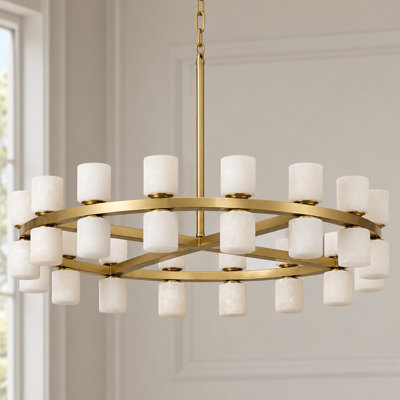 32 in. Brass Gold 32-Light Wagon Wheel Alabaster Chandelier Kitchen Island Lighting