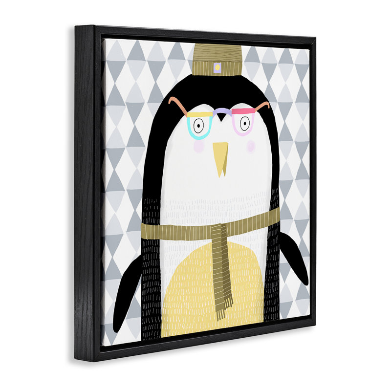 Cozy pingouin sur toile géométrique encadrée, conception par Carla Daly, Cadre flottant noir de jais, H 18 po x l 18 po