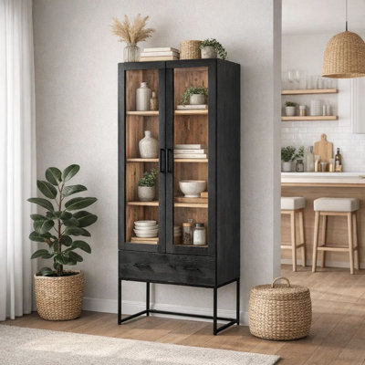 Keny Accent Cabinet, 2 Glass Doors And 3 Shelves, 1 Drawer, Black Iron