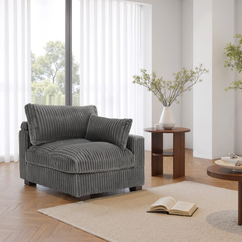 Upholstered Light Gray Faux Rabbit Fur Flannel Armchair with Pillow Back, One Arm Single Chair Module Part For Sectional Sofa