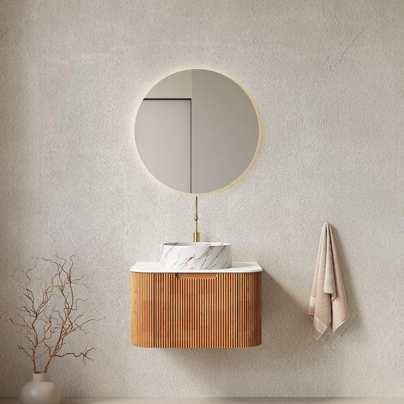 Meuble-lavabo de salle de bain 24 po avec évier, lavabo à fixation murale à bords arrondis flottants avec tiroir, lavabo en céramique blanc avec motif de pierre, préassemblé, couleur Dinura