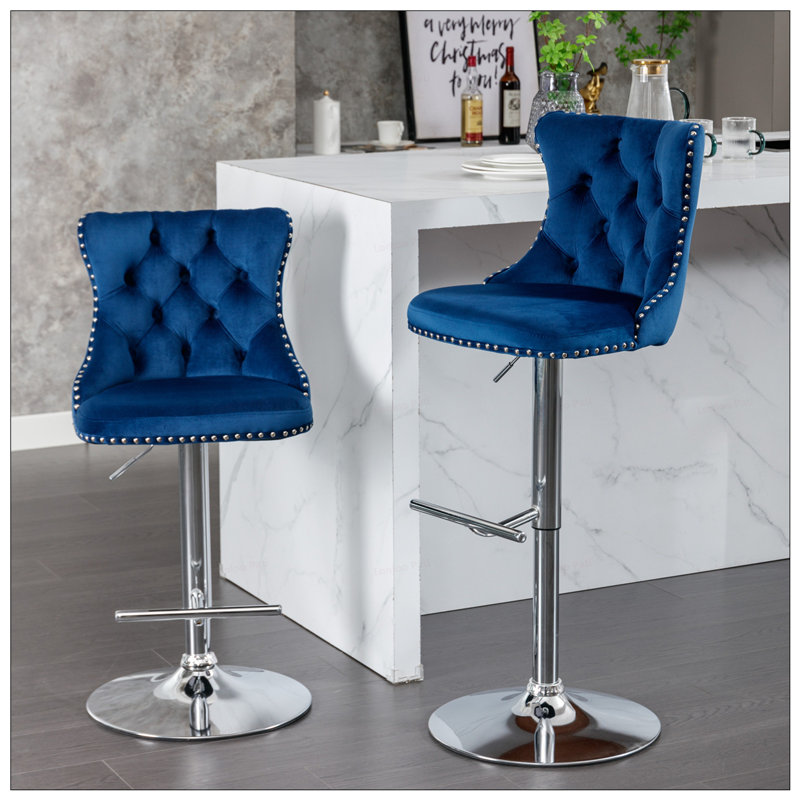 2PCS Velvet Swivel Tufted Back Barstools With Metal Silver Base, Gray