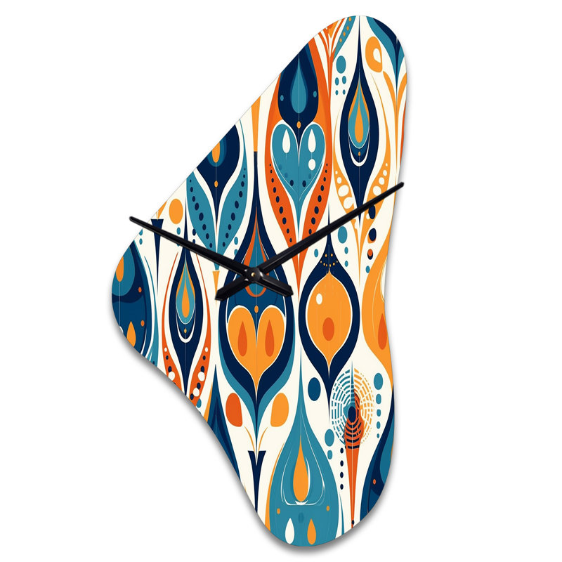 Orange et bleu, symphonie botanique II - horloge murale abstraite de forme irrégulière, horloge murale asymétrique moderne