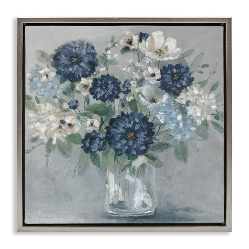Cadre flottant Blue Mums Mixed Bouquet, design par Carol Robinson, H 18 po x l 18 po, Cadre flottant gris lustré