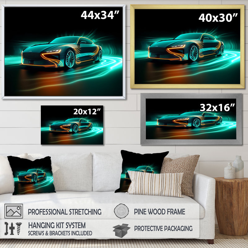 «Neon Light Strips Teal Hybrid Car I», reproduction sur toile, Cadre doré simple, H 30 po x l 40 po x P 1,5 po