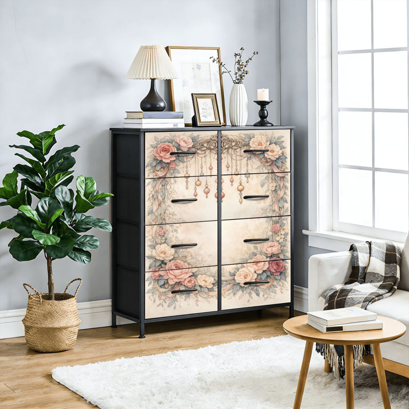  Commode 8 tiroirs Vintage Floral Frame Roses Guirlande Pastel Perles suspendues Commode double Commode haute en tissu pour placard pour chambre à coucher