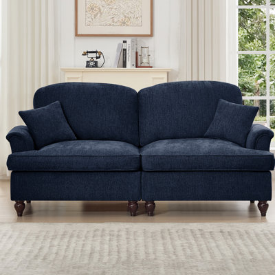 Mid Century Oversized Blue Chenille Two Seater With Removable Skirts, Flared Arms, And Spindle Legs, Fitting For Living Room Seat Couch Detachable Ruffles Pleats Style Home