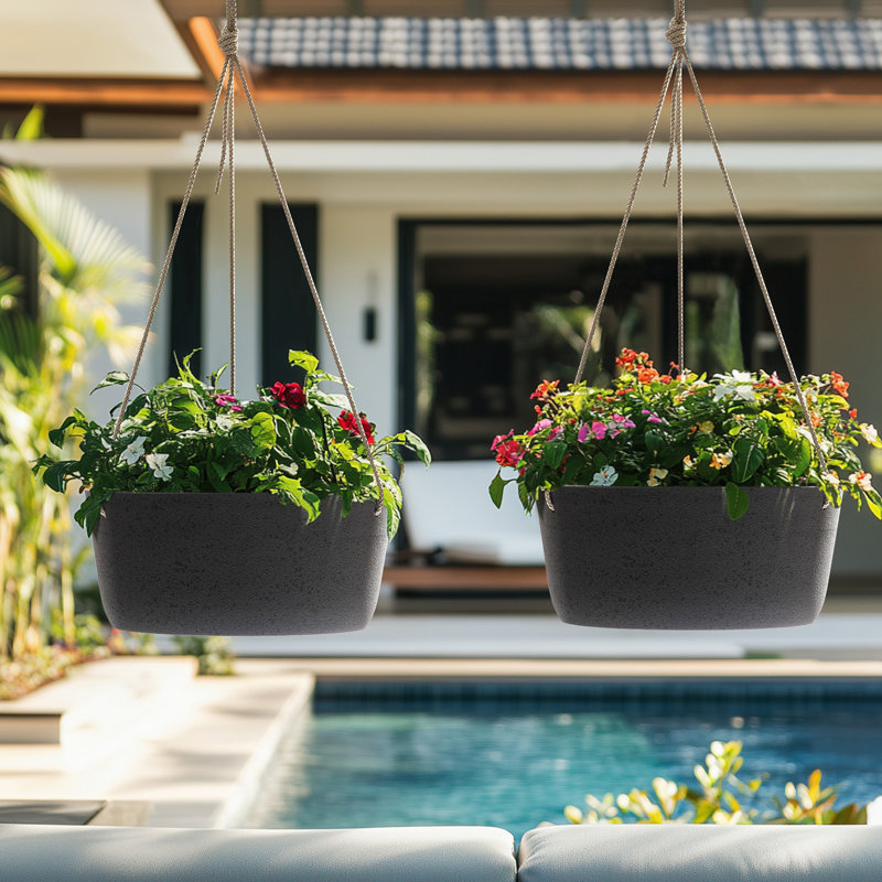 Large Hanging Planters - 12 Inch Outdoor Flower Pots, Hanging Garden Planters Set Of 2, Rock Gray