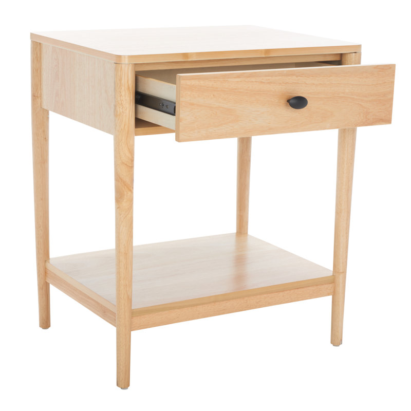 Natural Rubberwood 1-Drawer Nightstand with Graduated Legs