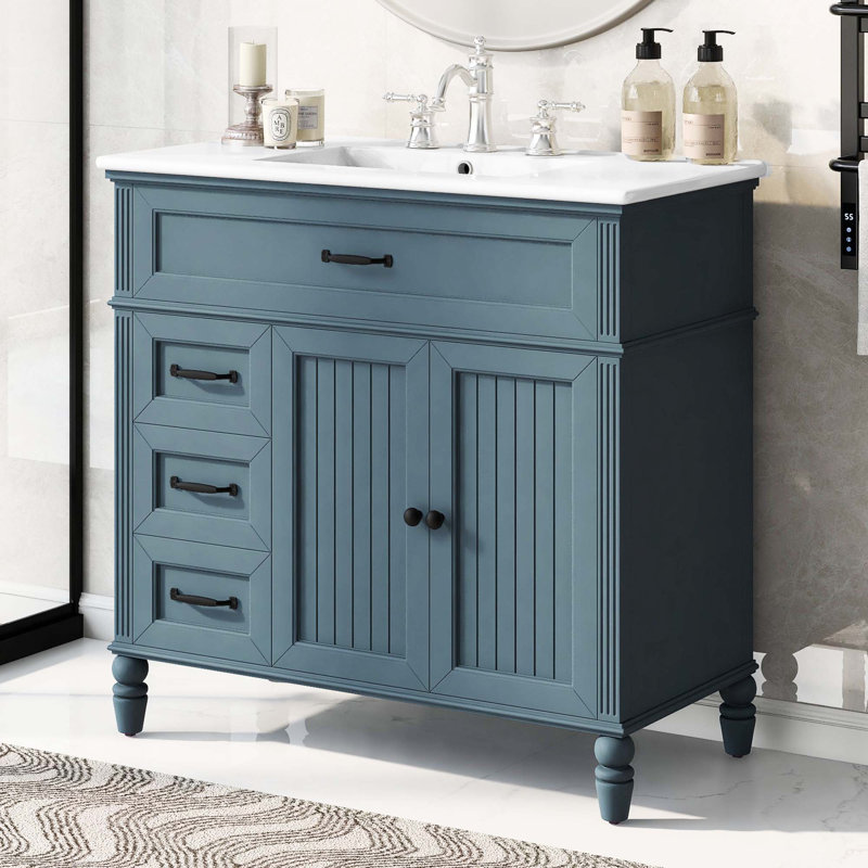 Meuble-lavabo 36 po avec lavabo, armoire de salle de bain avec tiroirs, structure solide et panneau de fibres à densité moyenne, deux ensembles, gris-bleu