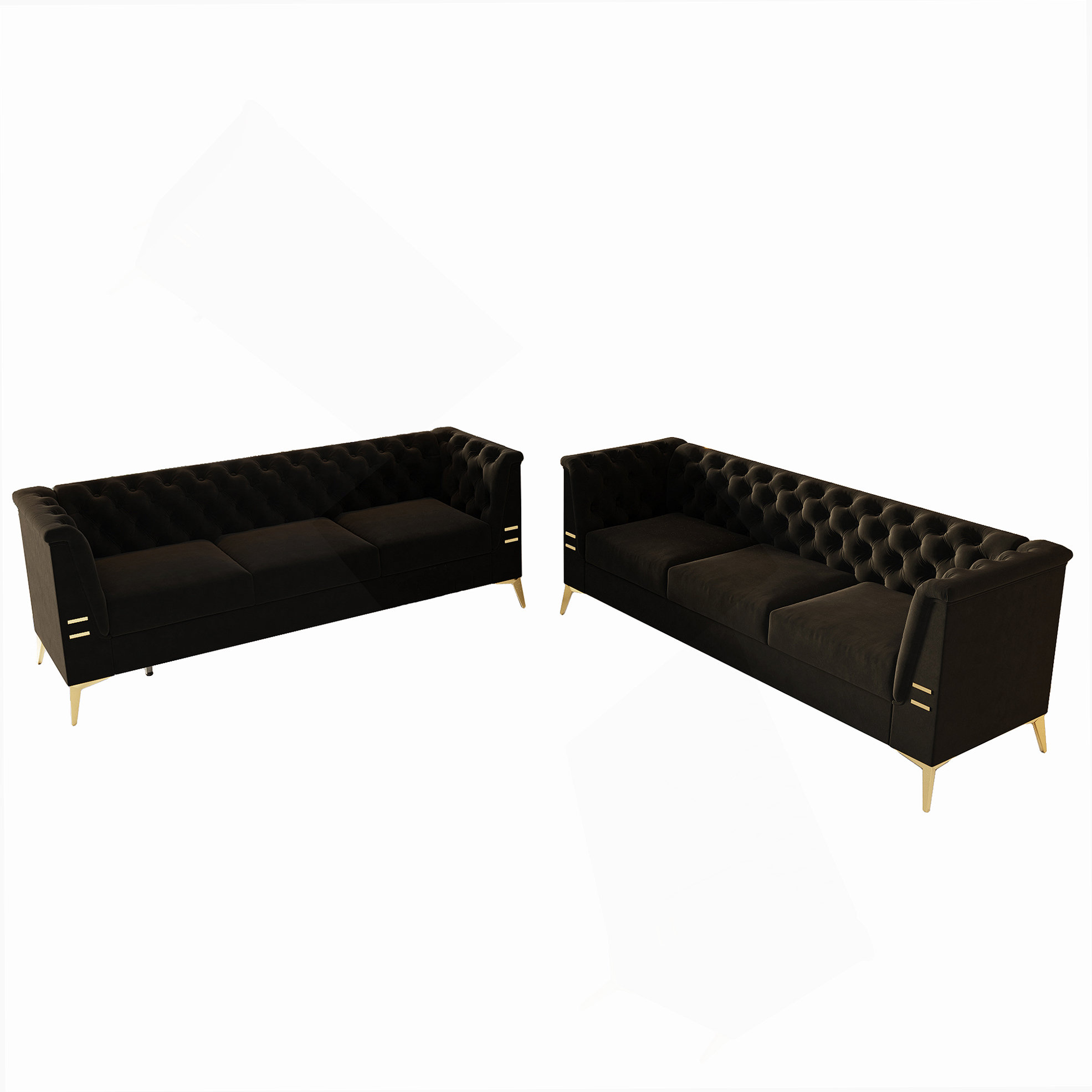 Everly Quinn Mid Century Modern Luxury Black Velvet Couch 2PC Sofa Set ...