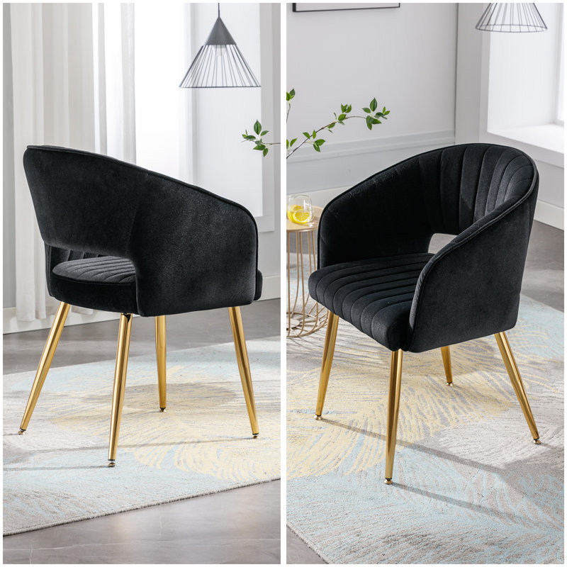 Velvet Desk Chair no Wheels, Home Office Armchair with Gold Base, Vanity Chair with Back for Make-up, Black