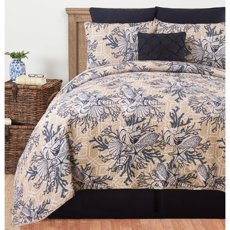 Indigo Blue Cotton King Quilt Set with Coastal Design