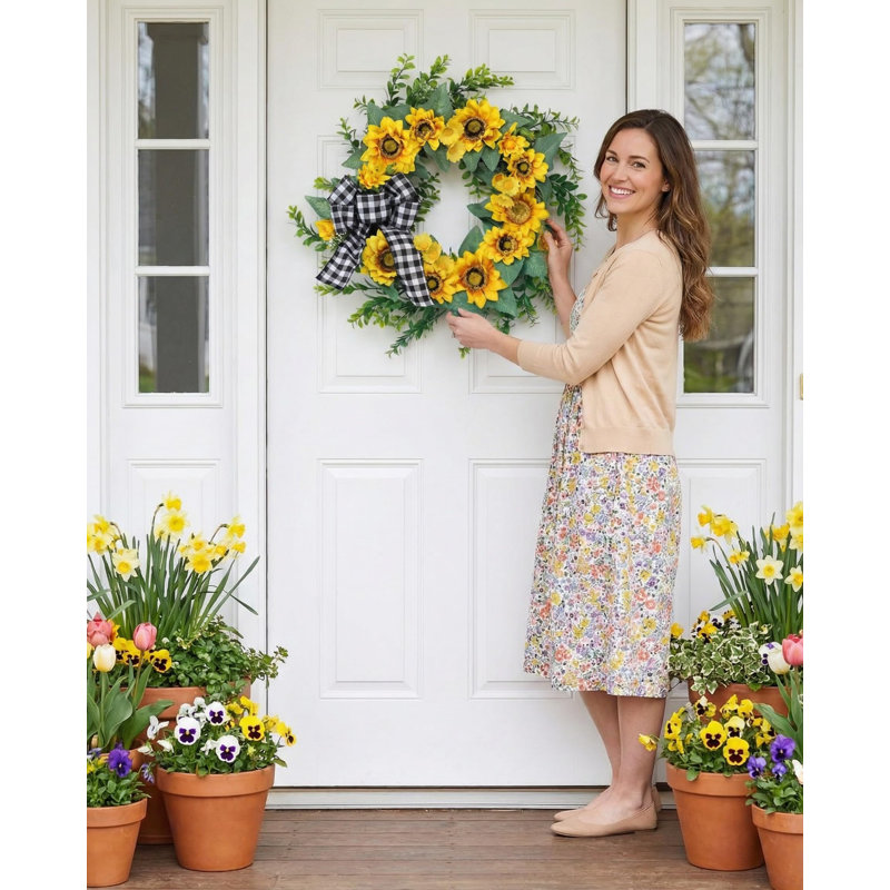 Couronne de printemps de 18 pouces, décor de porte d'entrée campagnard à motif de carreaux