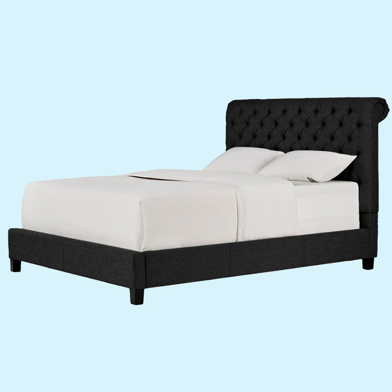 Structure de lit rembourrée en tissu avec tête de lit réglable / style Chesterfield / support à lattes de bois, Noir, Grand