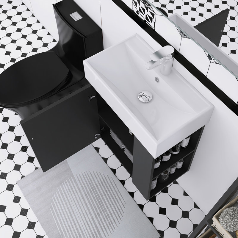Meuble-lavabo mural de 22 po avec lavabo en céramique et rangement à droite, Noir