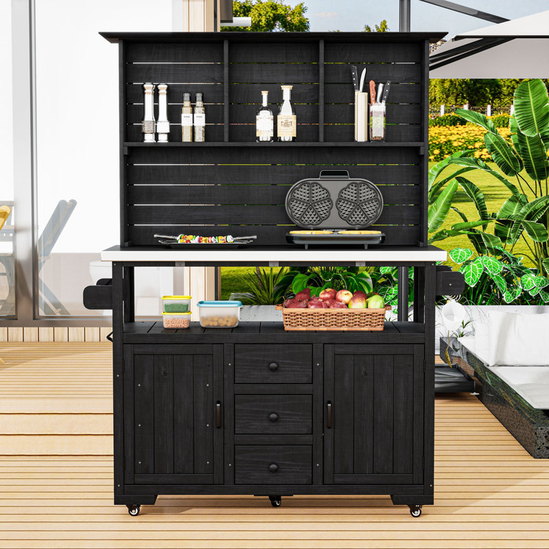 Banc de jardin avec plateau en acier inoxydable, huche et tiroirs, îlot de cuisine extérieur mobile, Noir