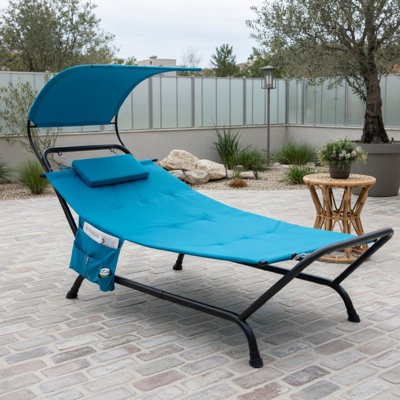Chaise longue de patio suspendue bleu marine avec auvent à l'épreuve du soleil, coussin et coussin épais, structure en métal résistant à la rouille - Balancelle d'extérieur pour terrasse, bord de piscine, balcon