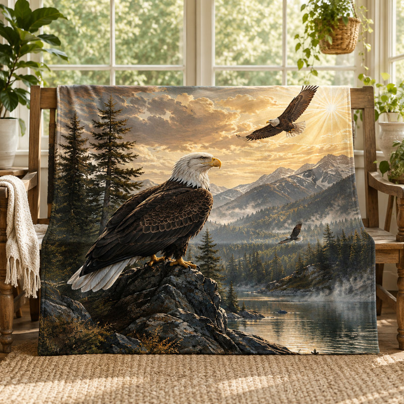 Couverture Eagle Lake avec motif de paysage de forêt montagneuse, jeté de lit en flanelle réaliste avec aigle perché, idéal pour se détendre sur un canapé, un lit ou à l'extérieur, 152 x 203 cm