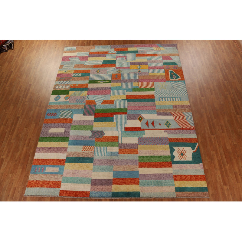 Tapis unique en laine noué à la main 10 pi 7 po x 13 pi 7 po nouvel âge en rouge / vert / bleu