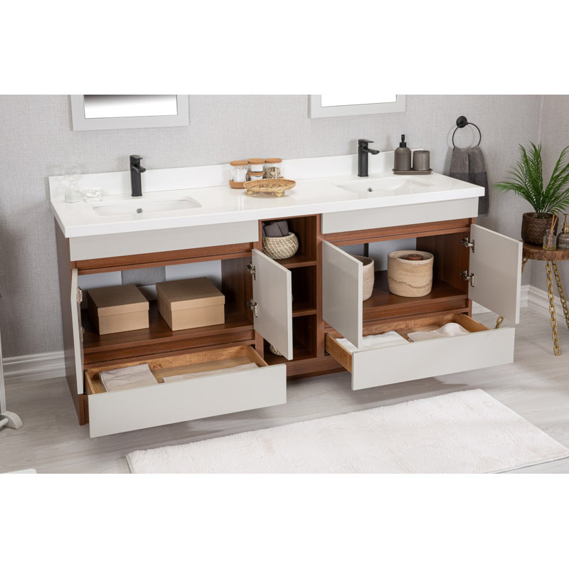Ensemble de meuble-lavabo double 71 po avec miroir Kunta, Noyer / Blanc